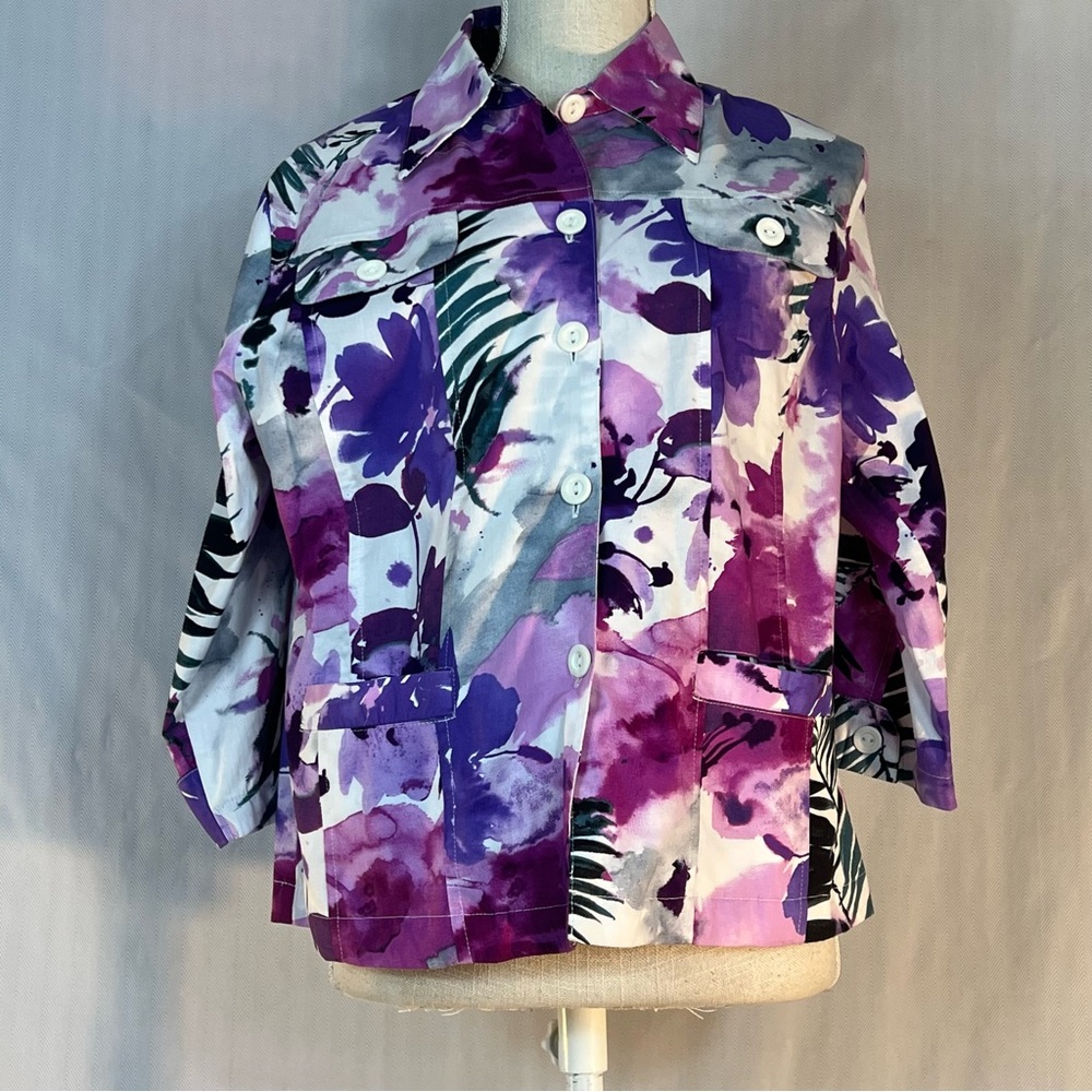 Southern Lady Jacket Purple Floral Cotton Blend Button Front Pockets EUC 6👍
